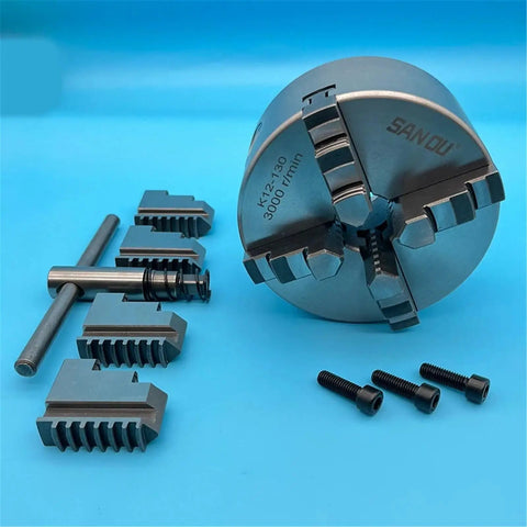 Rock Solid 130Mm Four Jaw Self Centering Lathe Chuck K12-130 with accessories, heavy duty steel for precision machining.