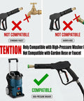Swivel Pressure Washer Gun 5000 PSI Short Wand With Three Eighth Plug M22 Adapters 14mm 15mm And One Quarter Quick Connect compatibility guide image showing connections to hoses and washer.