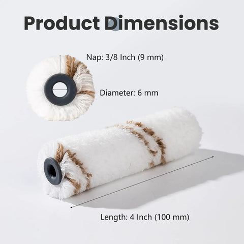 4 Inch Microfiber Paint Roller Set, 10 Pack Mini Roller Covers With 10 mm Nap, shown with dimensions and close-up view