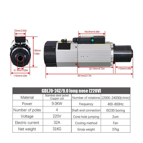 Heavy Duty Air Cooled Spindle Motor With Automatic Tool Change, 9.0Kw Cnc Router Drive Iso30 Taper, 220V Dual Voltage, angled view with dimensions.