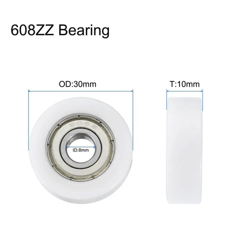 Eight Pieces Nylon Roller Bearings 8x30x10mm Double Shielded ABEC 1 Tolerance Ball Bearing Guide Flat Pulley Wheel For Furniture And Hardware Accessories Low Noise White, 608ZZ bearing 30mm OD 10mm thick 8mm ID