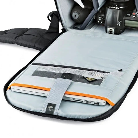 Pro DSLR Camera Backpack With Anti Theft Design For Mirrorless And Digital Gear, open front panel with laptop and camera inside