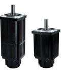 Front view of two black servo motors with cooling fins, silver mounting flanges, and drive shafts.