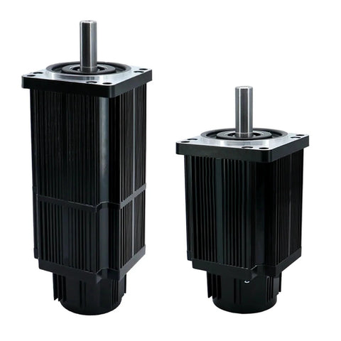 Front view of two black servo motors with cooling fins, silver mounting flanges, and drive shafts.