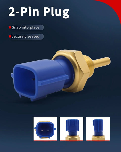 Engine coolant temperature sensor, blue 2-pin plug with brass threaded body, side view.