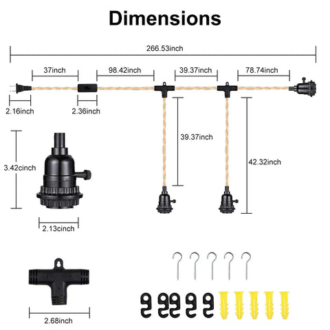 Dimensions of Retro Hanging Pendant Light Cord Kit 27 Ft Triple Bulb With Independent Switches E26 Socket Twisted Hemp Cables