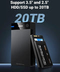 Dope USB 3.0 External Hard Drive Enclosure For 2.5 And 3.5 Inch SATA HDD Or SSD With Lightning Fast 5Gbps Bulk Transfers Up To 20TB Storage showing SSD and enclosure side view.