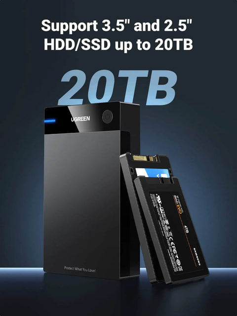 Dope USB 3.0 External Hard Drive Enclosure For 2.5 And 3.5 Inch SATA HDD Or SSD With Lightning Fast 5Gbps Bulk Transfers Up To 20TB Storage showing SSD and enclosure side view.