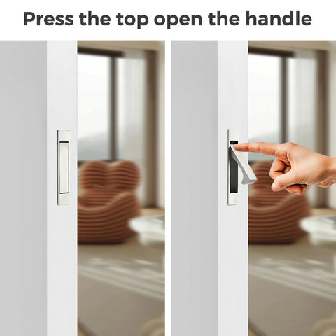 Pocket Door Pull Handle Edge Pull Satin Nickel Flush Mount For Sliding Doors 2 Pack With Self Retracting Mechanism Fits Doors Over Eleven Sixteenth Inches Thick Stainless Steel Finish Rust Resistant And Easy To Install showing opening mechanism on white door