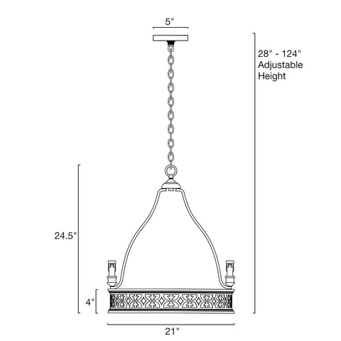 Diagram of Five Light Open French Country Chandelier With 25 Inch Reach In Antique White And Black Finish, dimensions labeled.