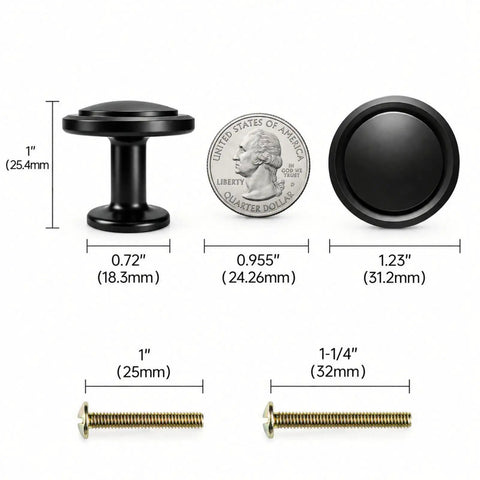 Slick Matte Black Cabinet Knobs Heavy Duty Zinc Alloy, 1.23" diameter, includes screws for easy installation in kitchens.
