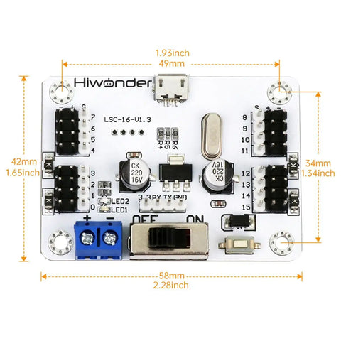 Close-up view of 16 Channel PWM Servo Tester Board With Over Current Protection And USB Port For DIY Bots, showing dimensions.