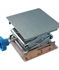 Stainless steel lab jack stand with blue hand crank, square 4x4 in top, compact scissor lift