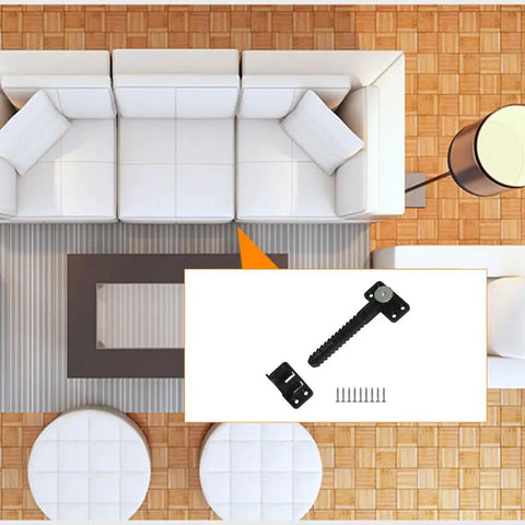 Rock Solid Sectional Sofa Connectors Heavy Duty Couch Brackets with Screws displayed over a modular sofa.
