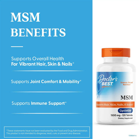 Top Shelf Real Deal Msm Sulfur Supplement Strengthening Joints And Nourishing Skin Hair Nails 1500 Mg Daily Fuel With Natural Connective Tissue Support 120 Tablets on blue background.