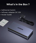 16 Port Gigabit Unmanaged Switch With Plug And Play For Office Use Standard VLAN Mode, box contents with adapter and guide