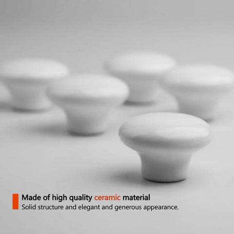 Ten Piece White Round Ceramic Drawer Knobs And Cabinet Pulls For A Quick Furniture Glow Up Featuring A Legit Glossy Grip And Super Chill Vibe To Make Your Cupboards Look Snazzy And Fresh, close-up of ceramic knobs.