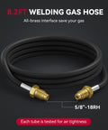 Welding gas hose, 8.2 ft, black rubber with brass 5/8-18RH fittings at both ends