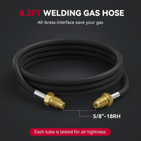 Welding gas hose, 8.2 ft, black rubber with brass 5/8-18RH fittings at both ends