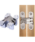 Heavy Duty Concealed Pivot Hinge For Folding Doors And Cupboards Stainless Steel Built In Cross Joint Provides Rock Solid Stability Smooth Sailing Operation, shown mounted on wooden panels.