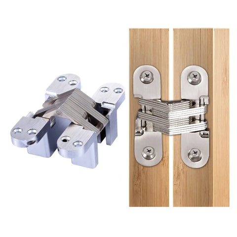 Heavy Duty Concealed Pivot Hinge For Folding Doors And Cupboards Stainless Steel Built In Cross Joint Provides Rock Solid Stability Smooth Sailing Operation, shown mounted on wooden panels.