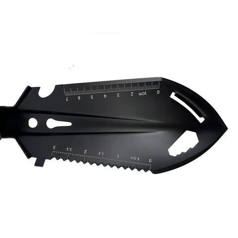 Ultra Lightweight 9-In-1 Mini Camping Shovel Trowel Kit showing ruler, saw edge, and multi-tool features on spade head