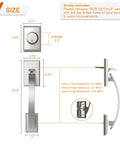 Size dimensions of Heavy Duty Front Door Handle Set With Double Door Lock Satin Nickel Finish, showing cylinder and handle setup