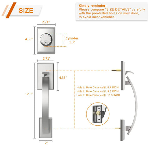 Size dimensions of Heavy Duty Front Door Handle Set With Double Door Lock Satin Nickel Finish, showing cylinder and handle setup