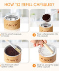 Illustrated steps showing how to use Reusable Vertuo Capsule Kit For Nespresso Pods with capsule holder, scoop, and brush
