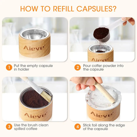 Illustrated steps showing how to use Reusable Vertuo Capsule Kit For Nespresso Pods with capsule holder, scoop, and brush
