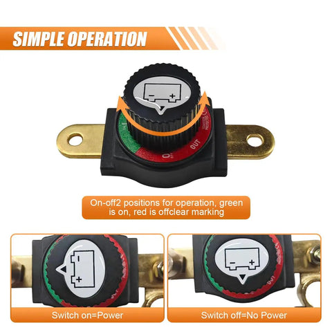 Built Like A Tank Heavy Duty Brass Battery Disconnect Switch Top Post Negative Terminal with removable knob showing operation details.