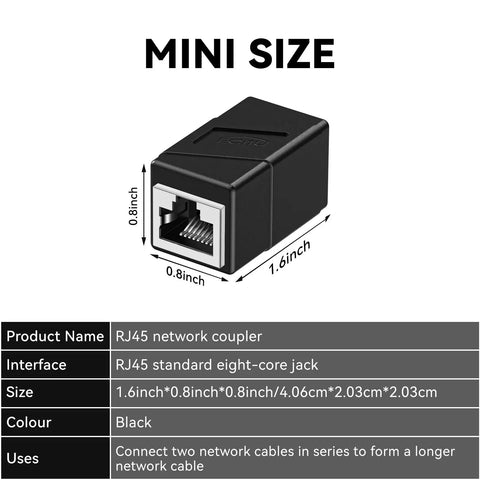 Two Pack Ethernet Couplers To Extend Your Cables Female To Female RJ45 Patch Cable Extenders 8P8C, black, mini size dimensions