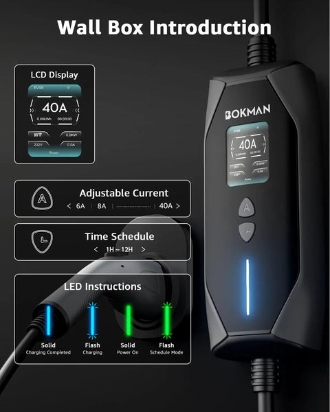 Top Tier Level 1 And Level 2 EV Charger Featuring A Hella Fast 40 Amp Charge Rate With A Roomy 20 Foot Cable Designed For Daily Drivers Craving Hassle Free Home Charging Plus Nema 14 50 And 5 15 Outlet Adapters Included, showing LCD display and adjustable current settings.