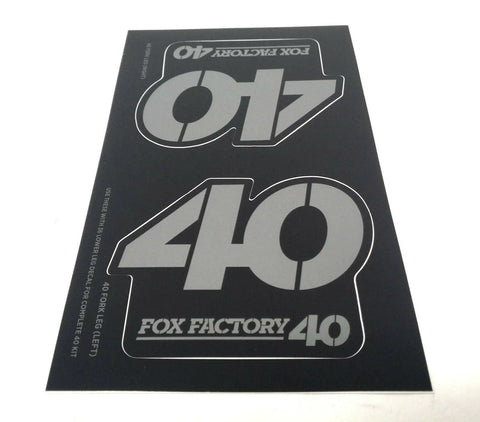 Heritage Fork And Shock Decal Kit Stealth Vinyl Finish for Motorcycles and Dirt Bikes, showing FOX 40 decal on black sheet.
