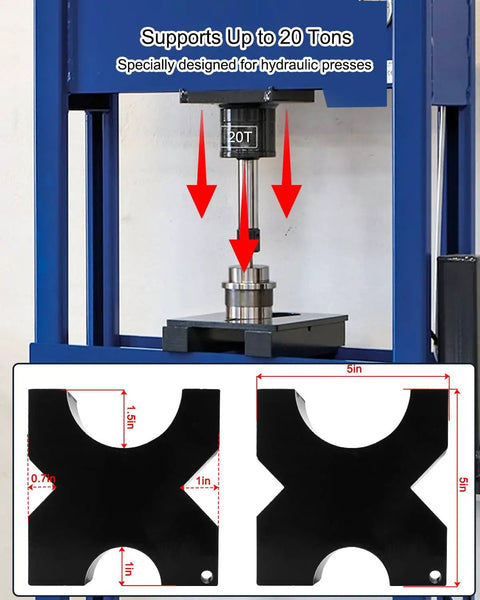 1 Pair Arbor Press Plate for 20 Ton Shop Press With AR400F Steel Construction, showing plates with notches in hydraulic press setup