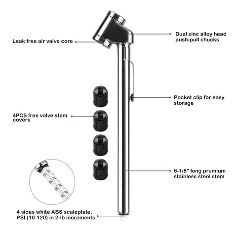 CZC AUTO pencil tire pressure gauge with dual-head chucks, stainless steel stem, silver finish, 10–120 PSI scale, 2-pack