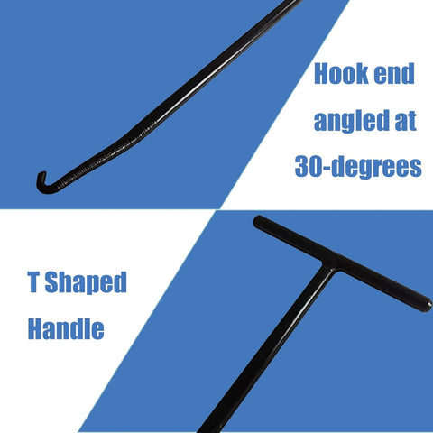 Exhaust spring puller tool with hook end angled 30 degrees and a T-shaped black handle