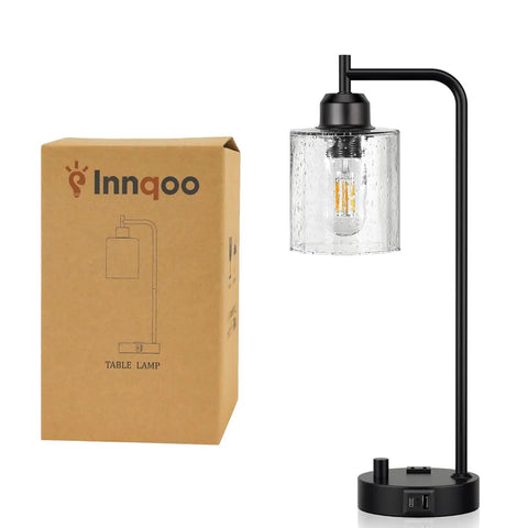 Bedside Table Lamp With USB C Charging Port And Outlets Fully Stepless Dimmable Black Desk Lamp With Glass Shade next to packaging