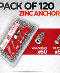 Heavy Duty Zinc Self Drilling Drywall Anchors And Screws Kit With 120 Pieces Number 8 Fasteners in packaging with anchors and screws.