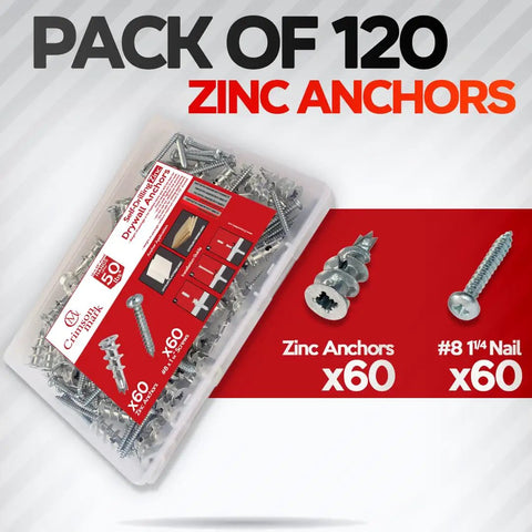Heavy Duty Zinc Self Drilling Drywall Anchors And Screws Kit With 120 Pieces Number 8 Fasteners in packaging with anchors and screws.