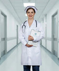 Woman in White Lab Coat Scientist Doctor Costume For Women And Men Long Sleeve Button Front Unisex Lab Coat With Stethoscope in hallway