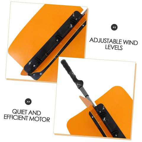 Golf Swing Power Fan Trainer with Adjustable Wind Resistance, showing black handle and yellow fan blades for indoor outdoor practice.