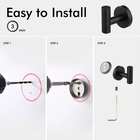 Sturdy Stainless Steel Towel And Robe Hooks Wall Mount Set Satin Matte Black Rust Proof SUS 304 Bathroom Hook Rack For Shower And Kitchen Durable Wall Hanging Hooks 2 Pack