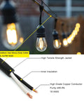 24 Ft Outdoor Hanging String Lights With 12 Vintage S14 LED Bulbs Heavy Duty 120V Plug In Connectable And Dimmable Patio Lighting.
