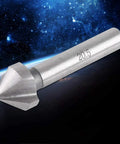 HSS countersink bit, angled view, round silver shank, 3-flute conical head