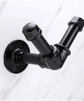 Hella Sturdy Black Iron V Shaped Wall Hook Straight Up Industrial Pipe Design with bolts and wall mount detail.