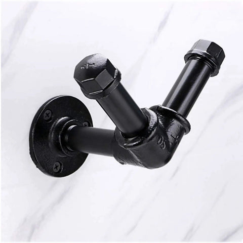 Hella Sturdy Black Iron V Shaped Wall Hook Straight Up Industrial Pipe Design with bolts and wall mount detail.