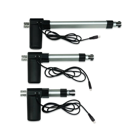 Three Progressive Automations 24V feedback linear actuators with 8in stroke; silver cylinders, black housings.