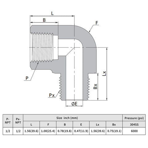 Side cross-section of 1/2 in NPT stainless steel 304 high-pressure 90-degree street elbow with male/female threads