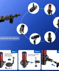 Badass Low Profile Microphone Boom Arm Stand For Gaming Streaming Podcasting With Smooth Swivel And Anti Vibration Cushion Mount shown with compatible parts.